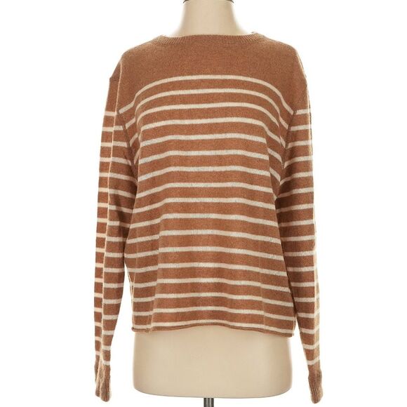 NEW Reformation 100% Cashmere Tan White Striped boyfriend crew boxy sweater XL - Picture 2 of 8